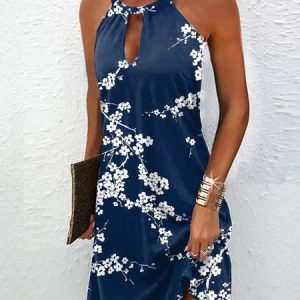 Women's Mini Dress Party Halter Floral Sleeveless Short Dress, Short, color:Blue|size:XXL, catalog Noracora shop