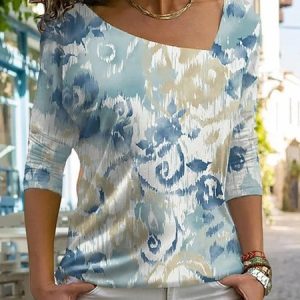 Casual Ethnic Asymmetrical Collar Three Quarter Sleeve T-shirt, T-shirts, color:Blue|size:5XL, catalog Noracora shop
