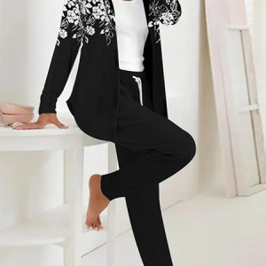Women Geometric Hoodie Long Sleeve Comfy Casual Top With Pants Two-Piece Set, Sets, color:Black-white|size:XXL, catalog Noracora shop