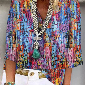 V Neck Casual Random Print Shirt, Blouses, Lilicloth.com