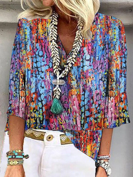 V Neck Casual Random Print Shirt, Blouses, Lilicloth.com