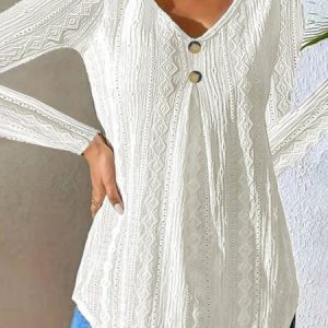 V Neck Long Sleeve Plain Buckle Regular Loose Blouse For Women, Blouses, color:White|size:XXL, catalog Noracora shop