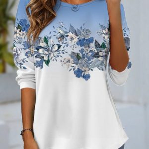 Women's Long Sleeve Tee T-shirt Spring/Fall Floral Jersey Crew Neck Daily Going Out Casual Top Blue, JustFashionNow T-Shirts, color:Blue|size:XXL,