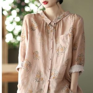 Shirt Collar Raglan Sleeves Three Quarter Sleeve Floral Regular Loose Blouse For Women, Blouses, color:Apricot|size:S, catalog Noracora shop