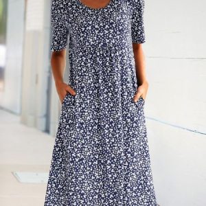 Women's Short Sleeve Shift Floral-Print Causal Dress, Midi, color:Navy Blue|size:XXL, catalog Noracora shop