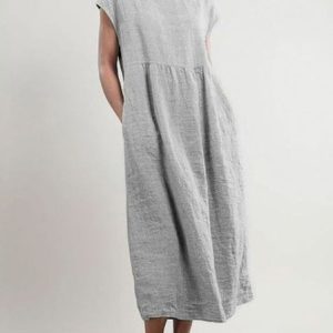 Women Crew Neck Shift Daily Cotton Pockets Dress, Maxi, color:Gray|size:XXL, catalog Noracora shop