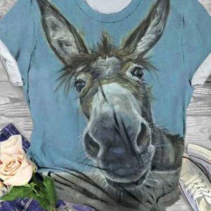 Cotton-Blend Animal Crew Neck Short Sleeve T-shirt, T-shirts, color:Blue|size:XXL, catalog Noracora shop