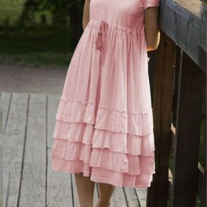 Beige Casual Crew Neck Cotton Weaving Dress, Midi, color:Pink|size:3XL, catalog Noracora shop