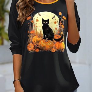Casual Cat Crew Neck Long Sleeve T-shirt, Blouses, color:Black|size:XXL, catalog Noracora shop