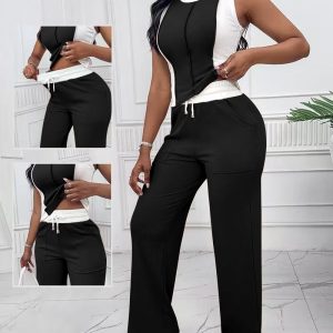 Colorblock Ribbed Tank Top & Pocket Design Pants Set, Two-piece Sets, ChicMe catalog