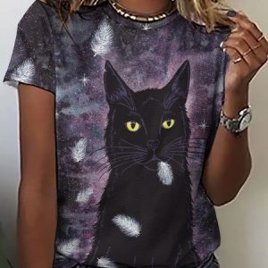 omen Funny Black Cat in the Night Loose Simple T-Shirt, T-shirts, Lilicloth.com