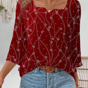 Women's Three Quarter Sleeve Blouse Spring/Fall Geometric Notched Daily Going Out Casual Top Wine Red, JustFashionNow Blouses, color:Wine Red|size:XXL,