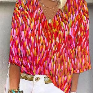 Women's Three Quarter Sleeve Tee T-shirt Spring/Fall Color Block Printing V Neck Daily Going Out Vintage Top Red, JustFashionNow T-Shirts, color:Red|size:XXL,