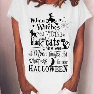 Women Halloween Brooms Witch Moon Black Cats Casual T-Shirt, T-shirts, Lilicloth.com