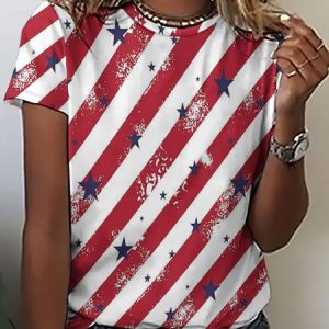 American Flag Striped Stars Crew Neck Casual T-Shirt, T-shirts, Lilicloth.com