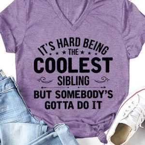 Womens Funny Silibing Letter Print V Neck T-Shirt, T-shirts, Lilicloth.com