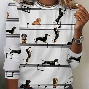 Music Dog Print Casual T-Shirt, Long sleeves, Lilicloth.com