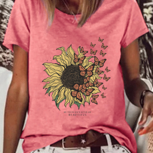 Vintage Sunflower Casual Loose Text Letters T-Shirt, T-shirts, Lilicloth.com