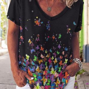 Casual Butterfly Print V-Neck Short Sleeve T-shirt, T-shirts, Lilicloth.com