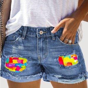 Melting Colors Print Patchwork Ripped Denim Shorts, women Denim Shorts, ChicMe catalog