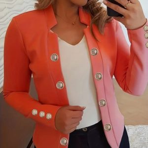 Women's Spring/Fall Outerwear Casual Buckle Plain Long Sleeve V Neck Jacket, JustFashionNow Jackets, color:Orange|size:5XL,