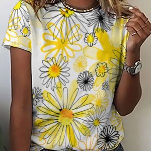 Casual Simple Daisy Print Crew Neck T-Shirt, T-shirts, Lilicloth.com