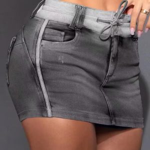 Contrast Paneled Zipper Fly Drawstring Elastic Waist Casual Denim Skort, women Denim Shorts, ChicMe catalog