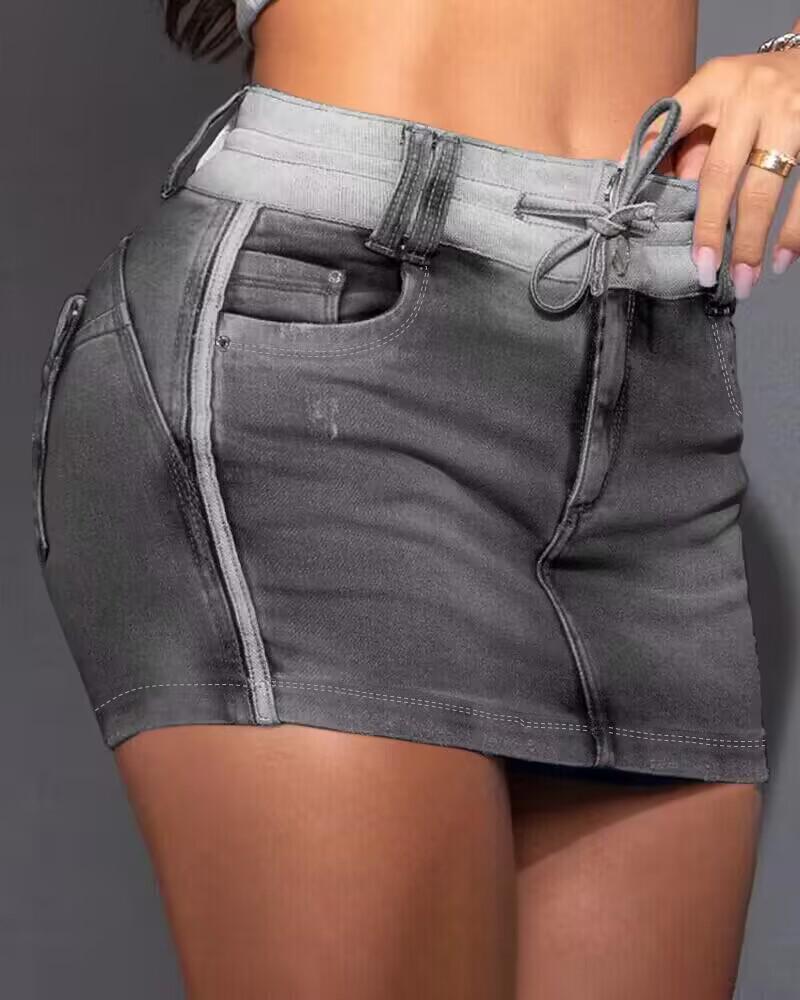 Contrast Paneled Zipper Fly Drawstring Elastic Waist Casual Denim Skort, women Denim Shorts, ChicMe catalog