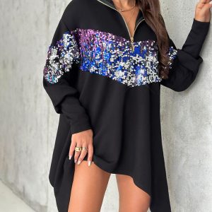 Stand Collar Contrast Sequin Zipper Design Irregular Oversized Top, Blouses & Shirts, ChicMe catalog