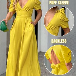 Deep V-Neck Puff Sleeve High Waist Backless Overalls Casual Button Back Tie Back Wide Leg Jumpsuit, women Jumpsuits, ChicMe catalog