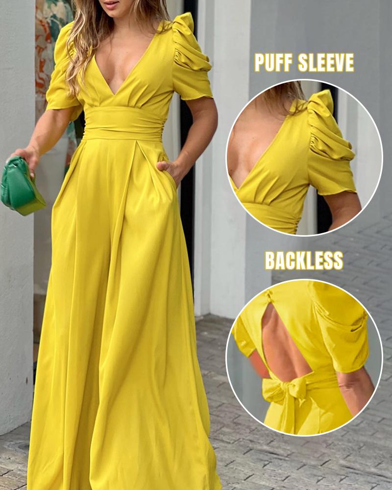 Deep V-Neck Puff Sleeve High Waist Backless Overalls Casual Button Back Tie Back Wide Leg Jumpsuit, women Jumpsuits, ChicMe catalog