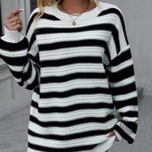 Women's Spring/Fall Striped Casual Long Sleeve Crew Neck Wool/Knitting Sweater, JustFashionNow Sweaters, color:White|size:XL,