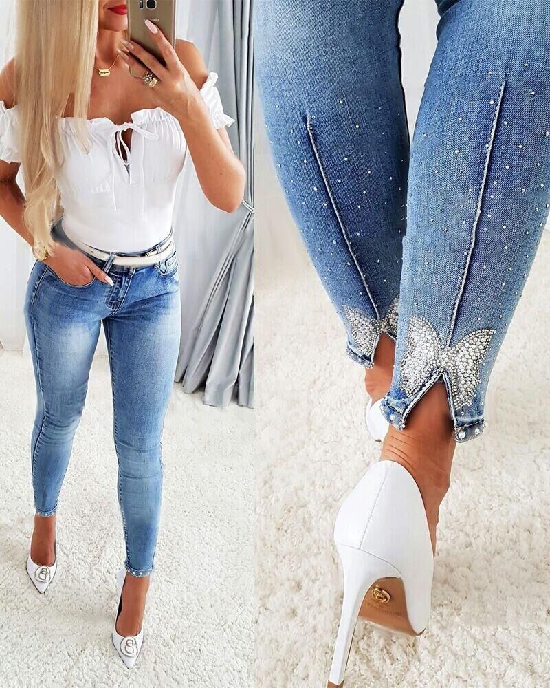 Rhinestone Beaded Butterfly Pattern Split Hem Jeans, women Jeans, ChicMe catalog