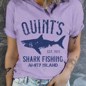Quint's Shark Fishing Graphic Print Casual Crew Neck Text Letters T-Shirt, T-shirts, Lilicloth.com