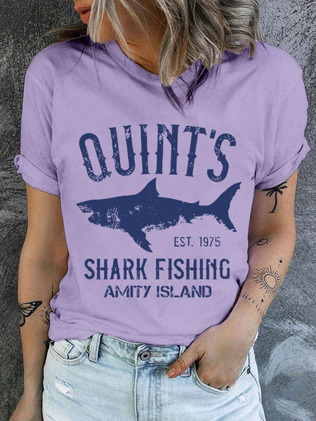 Quint's Shark Fishing Graphic Print Casual Crew Neck Text Letters T-Shirt, T-shirts, Lilicloth.com