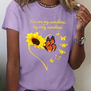 Women Sunflower and butterfly You Are My Sunshine My Only Sunshine Loose Simple T-Shirt, T-shirts, Lilicloth.com