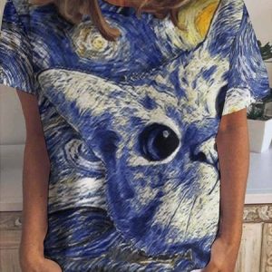 Women Cat Star Night Pattern Crew Neck T-Shirt, T-shirts, Lilicloth.com
