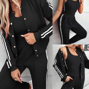 3PCS Striped Tape Patch Tank Top & Cuffed Pants Set With Buttoned Jacket, Two-piece Sets, ChicMe catalog