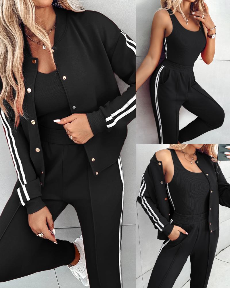 3 Piece Outfits Matching Sets Striped Tape Patch Tank Tops Button Front Jacket Cuffed Pants with Pockets Tracksuit, women Two-piece Sets, ChicMe catalog
