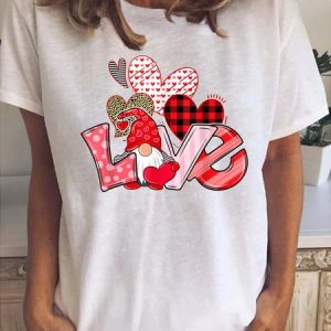 Women's Valentine's Day Gnome Love Heart Print Graphic Print Short Sleeve Round Neck T-Shirt, JustFashionNow T-Shirts, color:White|size:3XL,