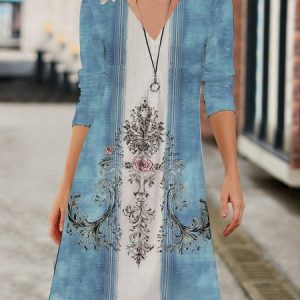 Women's Long Sleeve Summer Ethnic Printing Jersey Dress V Neck Daily Going Out Vintage Midi A-Line TUNIC, JustFashionNow Dresses, color:Blue|size:XXL,