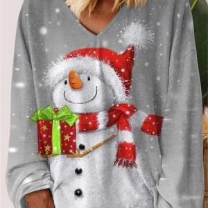 Women's Long Sleeve Tee T-shirt Spring/Fall Christmas Snowman Jersey V Neck Daily Going Out Casual Top, JustFashionNow T-Shirts, color:Gray|size:XXL,