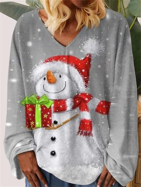 Women's Long Sleeve Tee T-shirt Spring/Fall Christmas Snowman Jersey V Neck Daily Going Out Casual Top, JustFashionNow T-Shirts, color:Gray|size:XXL,
