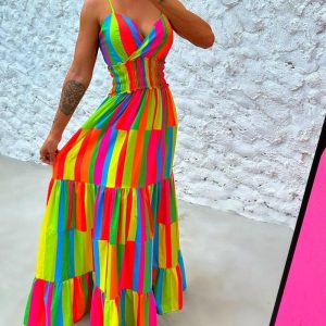 Rainbow Stripe Print Halter Backless Maxi Dress, Maxi Dresses, ChicMe catalog