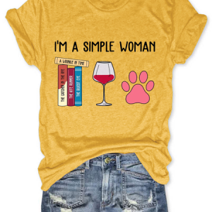 I'm A Simple Woman Book Lovers Gift Casual Crew Neck Loose Text Letters T-Shirt, T-shirts, Lilicloth.com