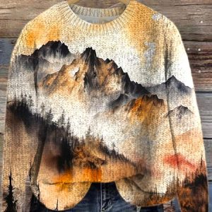 Crew Neck Landscape Painting Loose Simple Sweater, Sweaters, Lilicloth.com