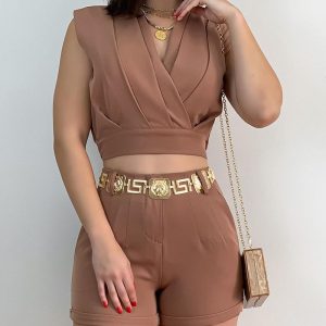 V-Neck Ruched Crop Top & Shorts Set, Two-piece Sets, ChicMe catalog