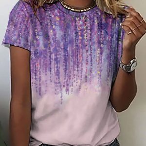 Casual Gradient Floral Print Crew Neck T-Shirt, T-shirts, Lilicloth.com