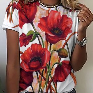 Women Floral Short Sleeve Tee T-shirt Crew Neck Sweet Summer Top, JustFashionNow T-Shirts, color:Red|size:3XL,