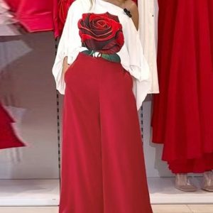 Rose Print Lantern Sleeve Top & Wide Leg Pants Set, Two-piece Sets, ChicMe catalog